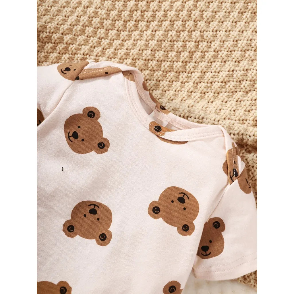 Back view of the newborn boys' short sleeve bear print outfit set, simple and comfortable infant clothing design.