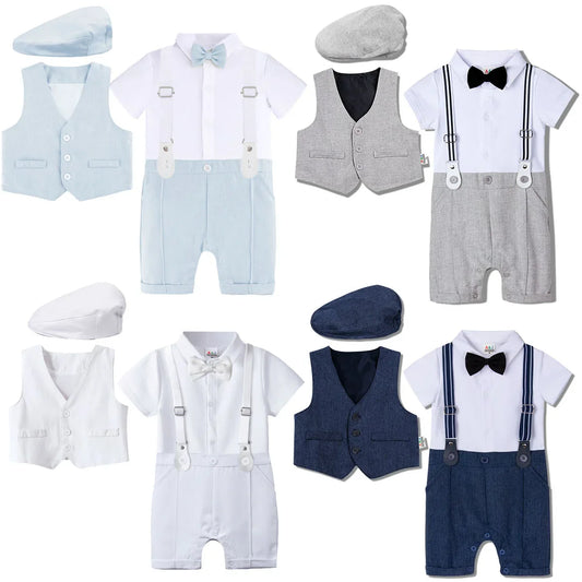 Newborn boys white christening romper and vest set, perfect for special occasions