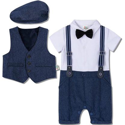 Close-up of intricate details on newborn christening outfit with vest, romper, and bow tie
