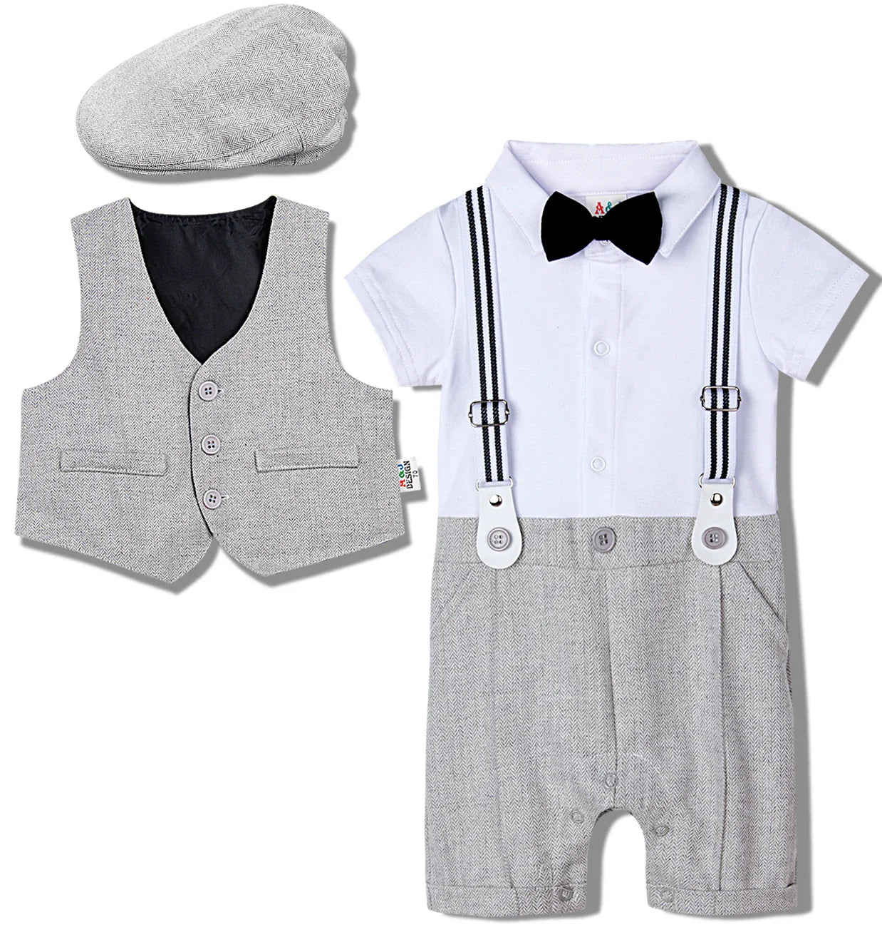 Delicate fabric and design of a newborn christening romper and vest outfit for baby boys
