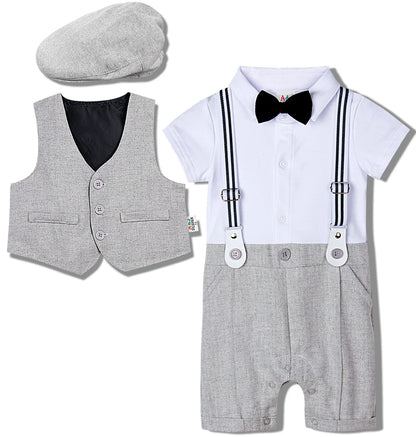Delicate fabric and design of a newborn christening romper and vest outfit for baby boys
