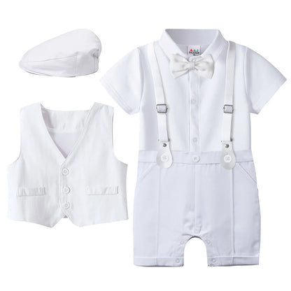 Baby boy's special occasion infant suit: christening romper and vest set, a classic look