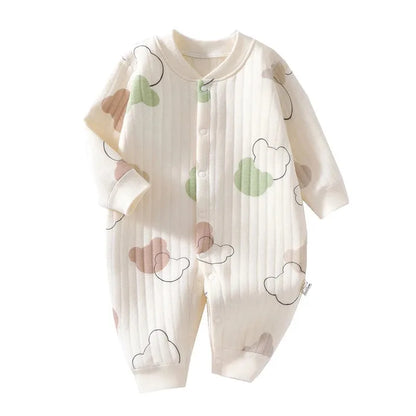 Back view of neutral baby bunny romper jumpsuit, soft cotton for infant skin