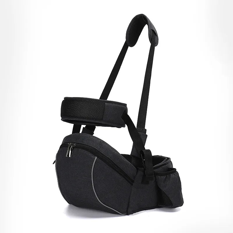 Newborn ergonomic hip seat baby carrier in gray, front view for infant travel gear