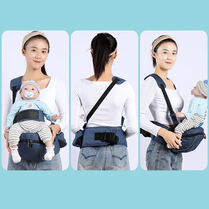 Ergonomic hip seat baby carrier in blue, side view, ideal for newborn front carry comfort