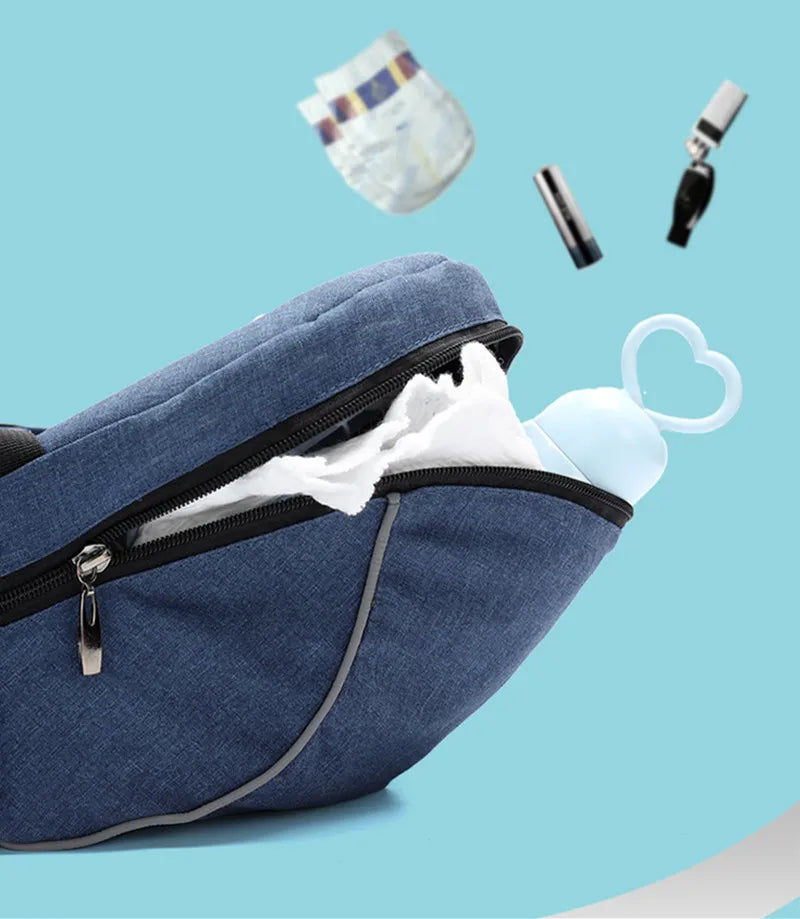 Close-up of ergonomic hip seat baby carrier's breathable polyester fabric for newborn comfort