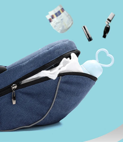 Close-up of ergonomic hip seat baby carrier's breathable polyester fabric for newborn comfort
