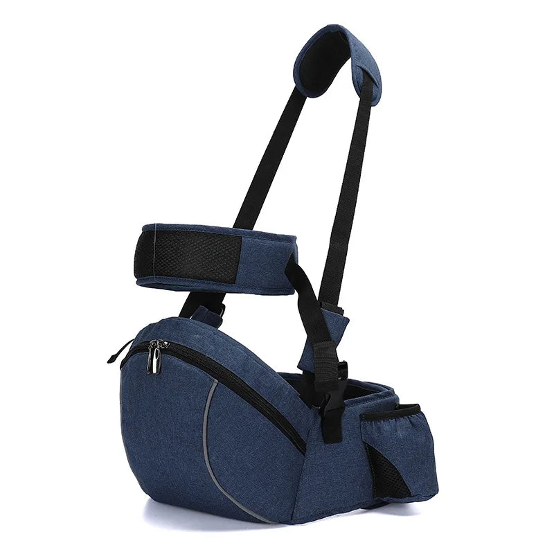 Newborn baby carrier with versatile hip seat, demonstrating secure infant positioning