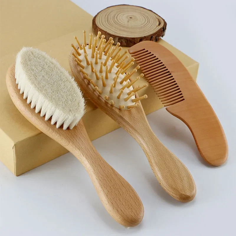 Newborn Gentle Wood & Natural Wool Baby Hair Brush Set for delicate infant scalp care