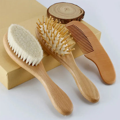 Newborn Gentle Wood & Natural Wool Baby Hair Brush Set for delicate infant scalp care
