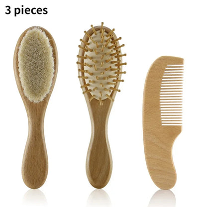 Wooden baby hair brush with smooth, splinter-free finish and soft wool bristles