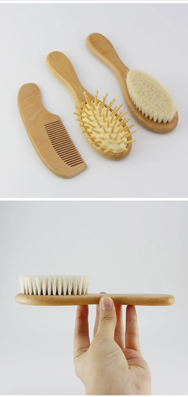 Display of the wooden baby brush and comb, emphasizing the natural materials used