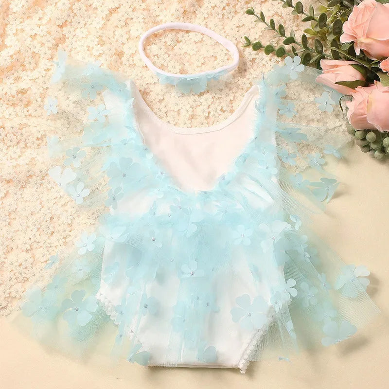 Complete baby photography outfit: one-piece floral romper and adjustable headband