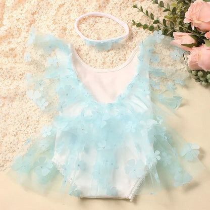 Complete baby photography outfit: one-piece floral romper and adjustable headband