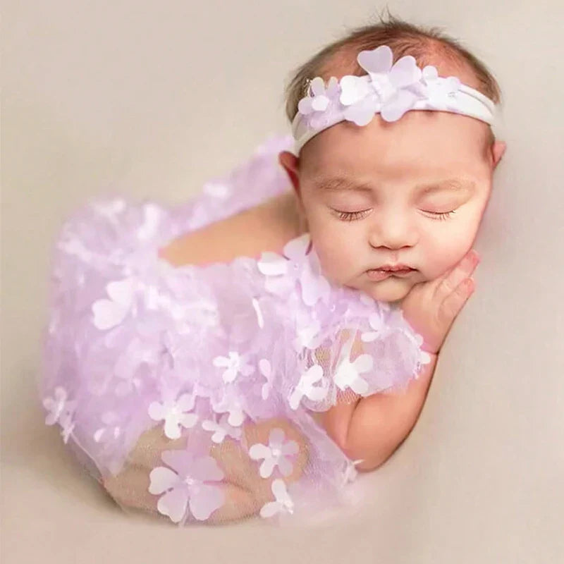 Tiny pink floral headband with bow, part of newborn photography set