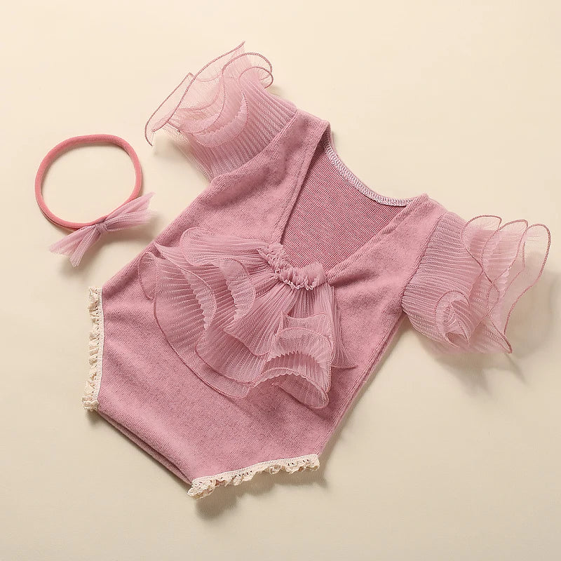Lavender lace romper & bow headband for infant photography, soft and comfortable baby wear
