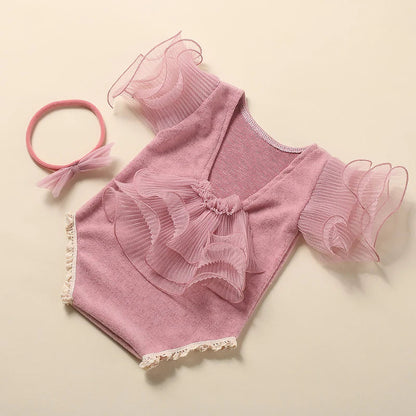 Lavender lace romper & bow headband for infant photography, soft and comfortable baby wear