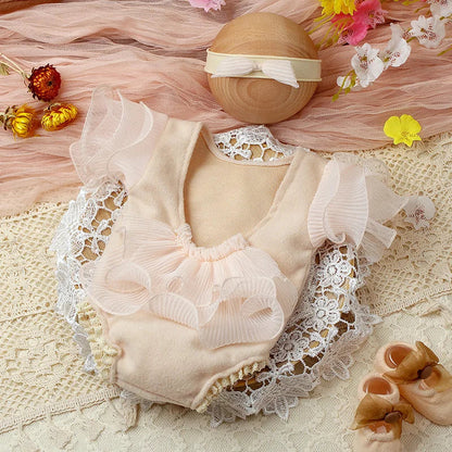 Sweet yellow lace romper & coordinating bow headband for newborn photography, couture baby wear