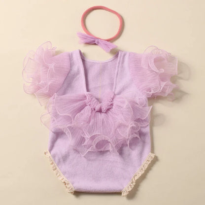 Beige lace romper and bow headband set, a comfortable and stylish baby photo prop