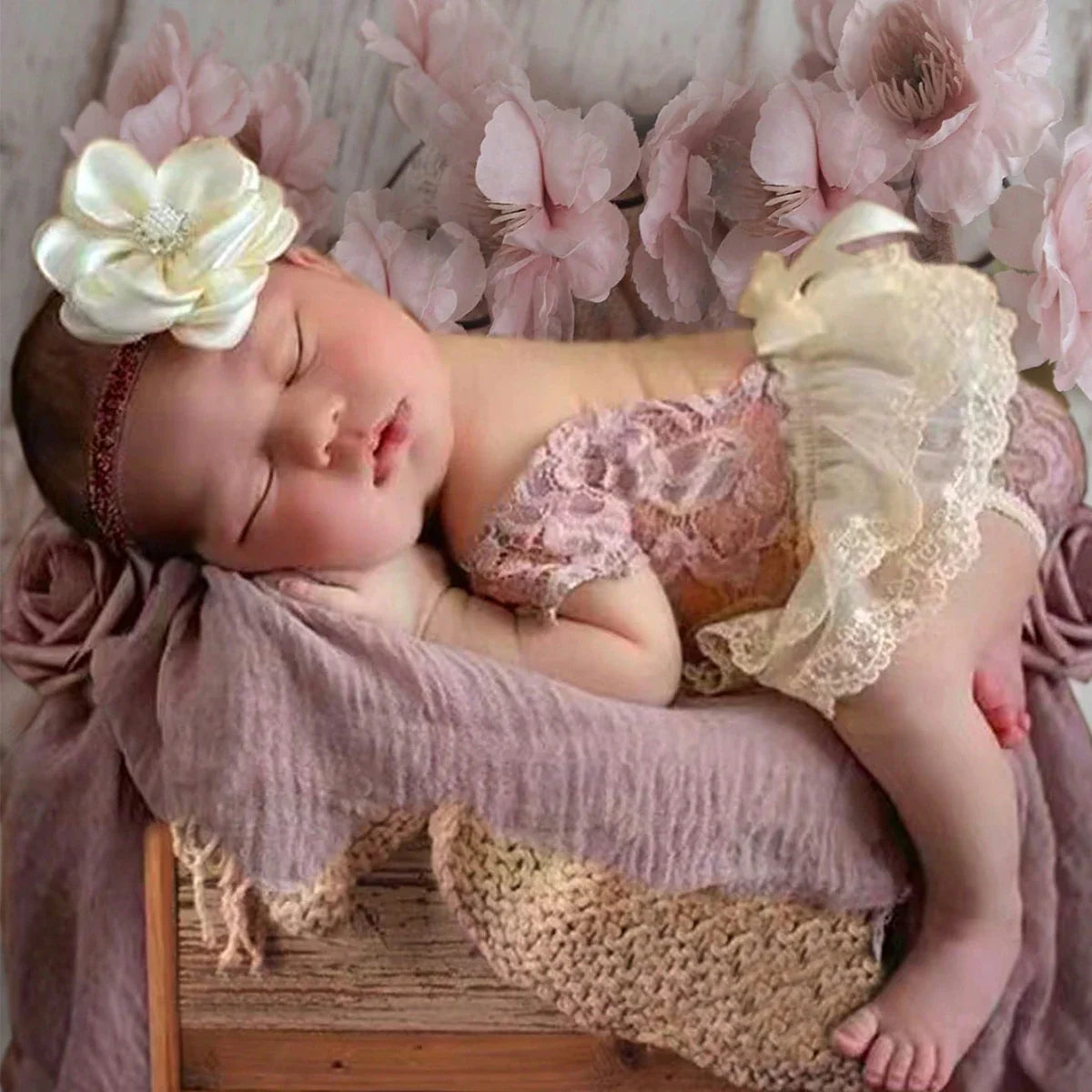 Newborn girl photo romper & headband set in dusty pink lace for 0-1 month photography