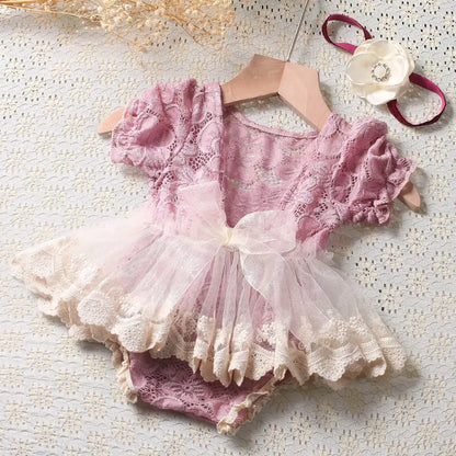 Adorable newborn girl dusty pink lace romper outfit with flower headband, perfect infant gift