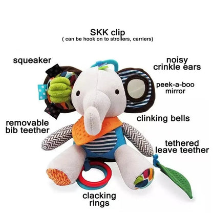 Plush elephant newborn baby toy with a cheerful expression and stimulating rattle sound