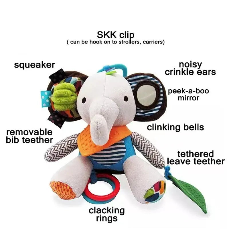 Close-up of a gray elephant plush rattle toy, perfect for newborn crib or stroller