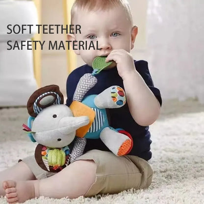 Newborn elephant soft rattle toy with easy-grip ring for little hands to hold