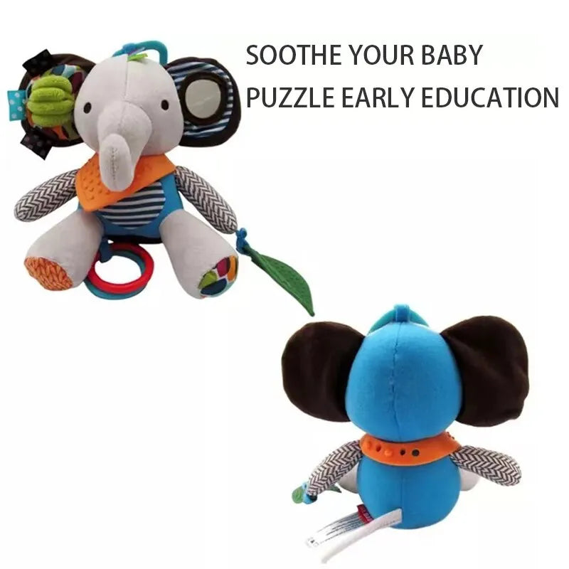 Portable elephant rattle toy, designed to clip onto strollers, car seats and cribs securely