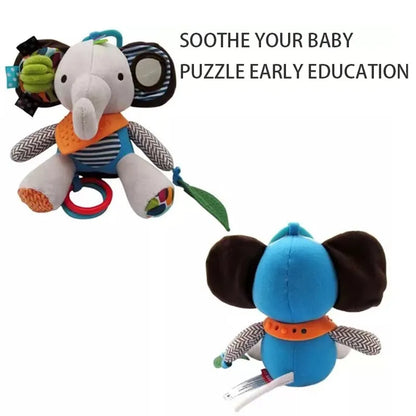 Portable elephant rattle toy, designed to clip onto strollers, car seats and cribs securely