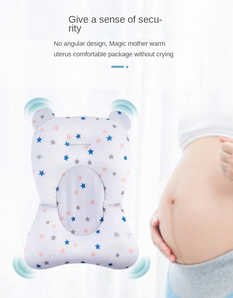 Newborn bath support pad, soft blue, providing cozy and safe infant bathing