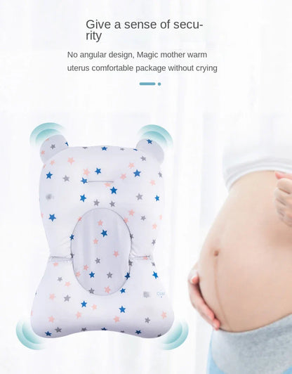 Newborn bath support pad, soft blue, providing cozy and safe infant bathing