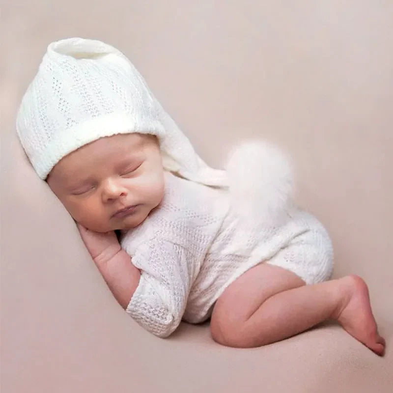 Newborn knit jumpsuit & pompom hat, perfect baby clothing for photo shoots