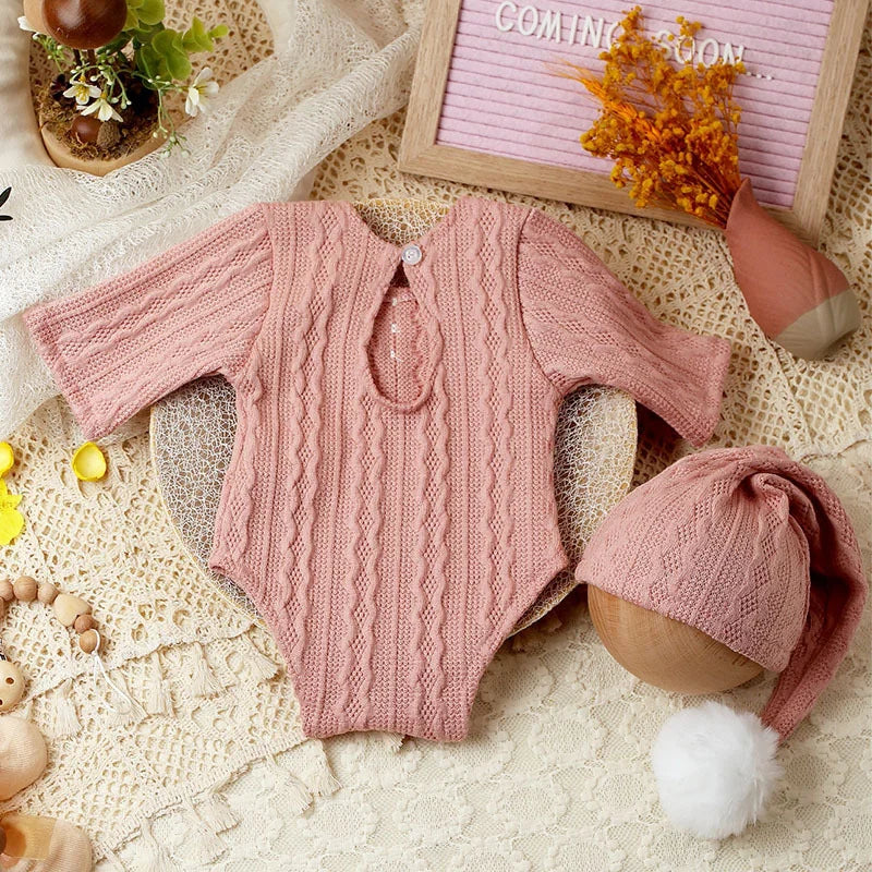 Photography prop set: neutral colored knit jumpsuit & pompom hat for infants