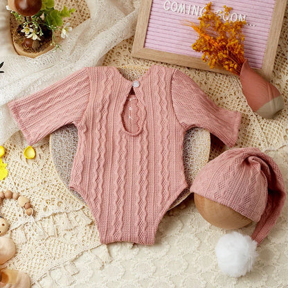 Photography prop set: neutral colored knit jumpsuit & pompom hat for infants