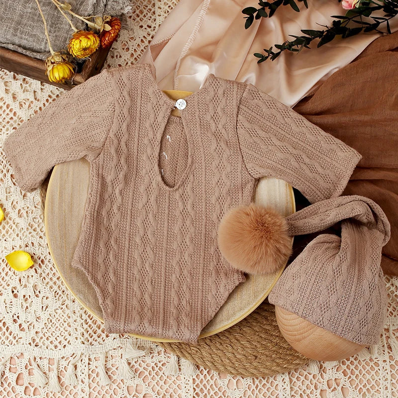 Charming baby shower gift: hand-knitted jumpsuit and pompom hat for photos