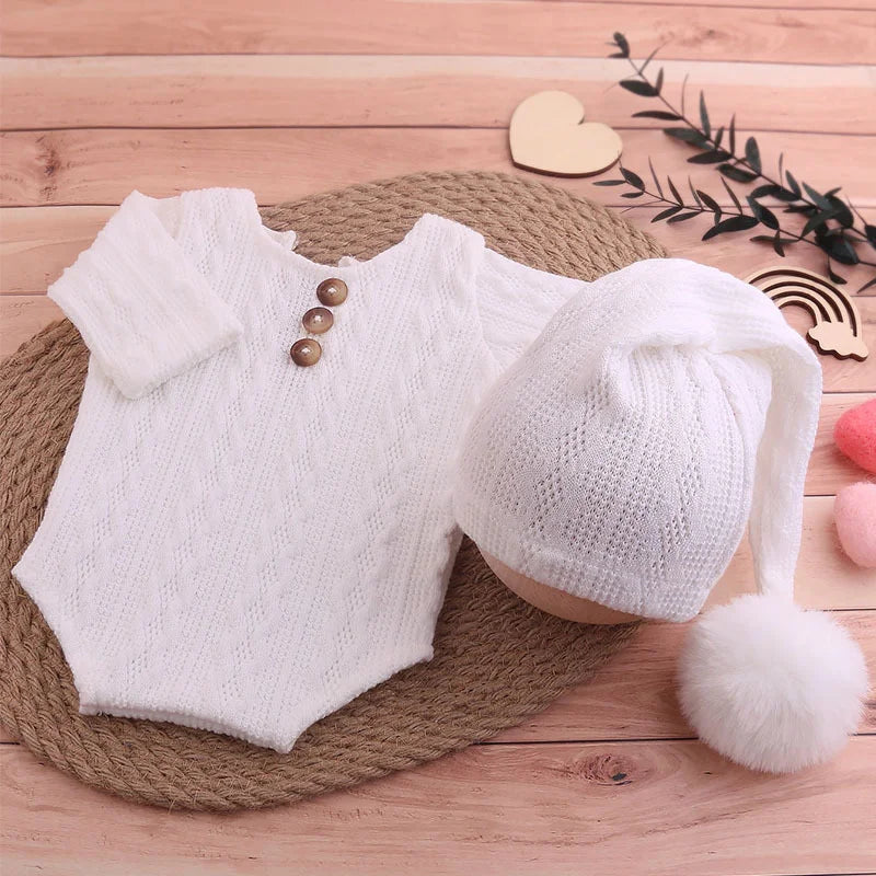 Soft knit baby jumpsuit and matching pompom hat for infant photoshoot outfit