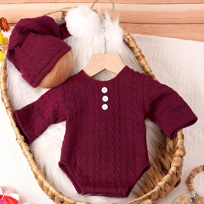 Newborn photography props: beige knit jumpsuit & hat, great baby shower gift