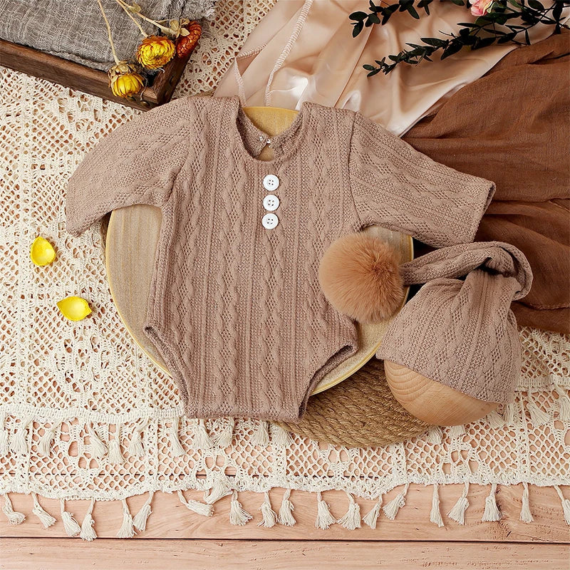 Cute newborn girl outfit: knitted jumpsuit & pompom hat, infant apparel