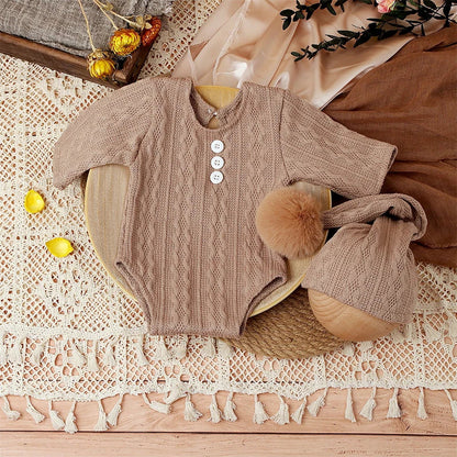 Cute newborn girl outfit: knitted jumpsuit & pompom hat, infant apparel