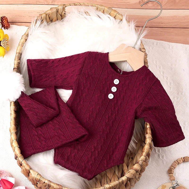 Unisex baby photoshoot outfit, knit jumpsuit & hat, cozy and soft fabric
