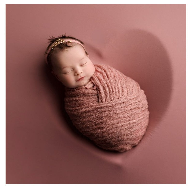 Newborn mohair knit swaddle wrap and matching headband set in a neutral color, ideal for baby photography.