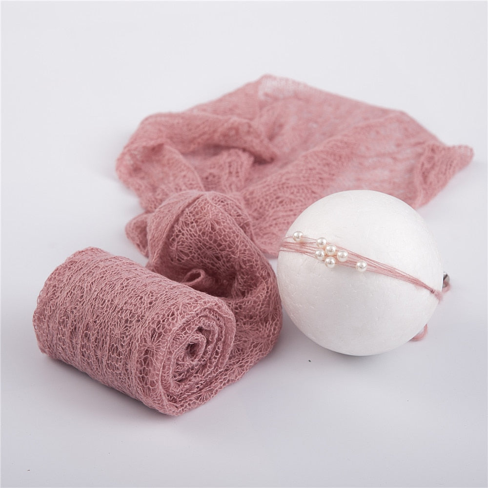 Unisex newborn mohair swaddle wrap and stretchy head wrap set in ivory, excellent baby gift.