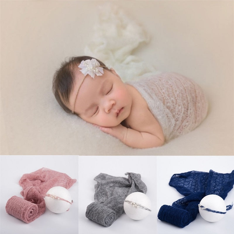 Newborn photography prop: mohair knit baby swaddle wrap and adorable matching headband for infants.