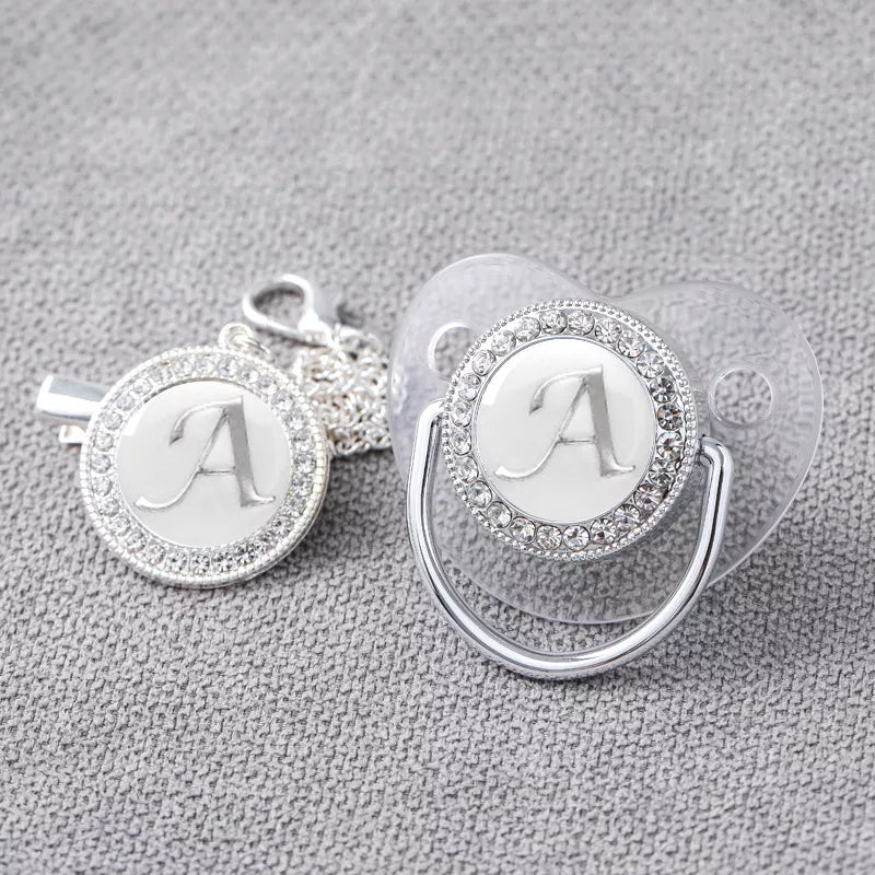 Newborn silver bling pacifier and clip set, luxury silicone pacifier with rhinestones