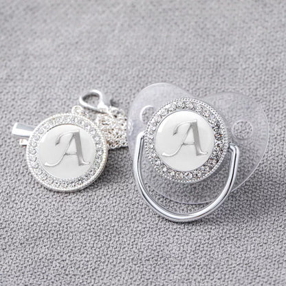 Newborn silver bling pacifier and clip set, luxury silicone pacifier with rhinestones