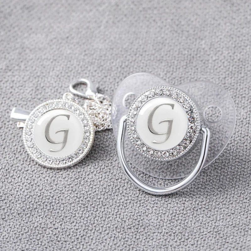 Stylish newborn pacifier & silver clip with custom bling, perfect baby shower gift