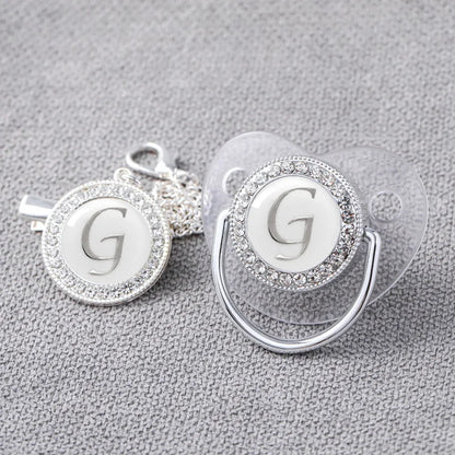 Stylish newborn pacifier & silver clip with custom bling, perfect baby shower gift