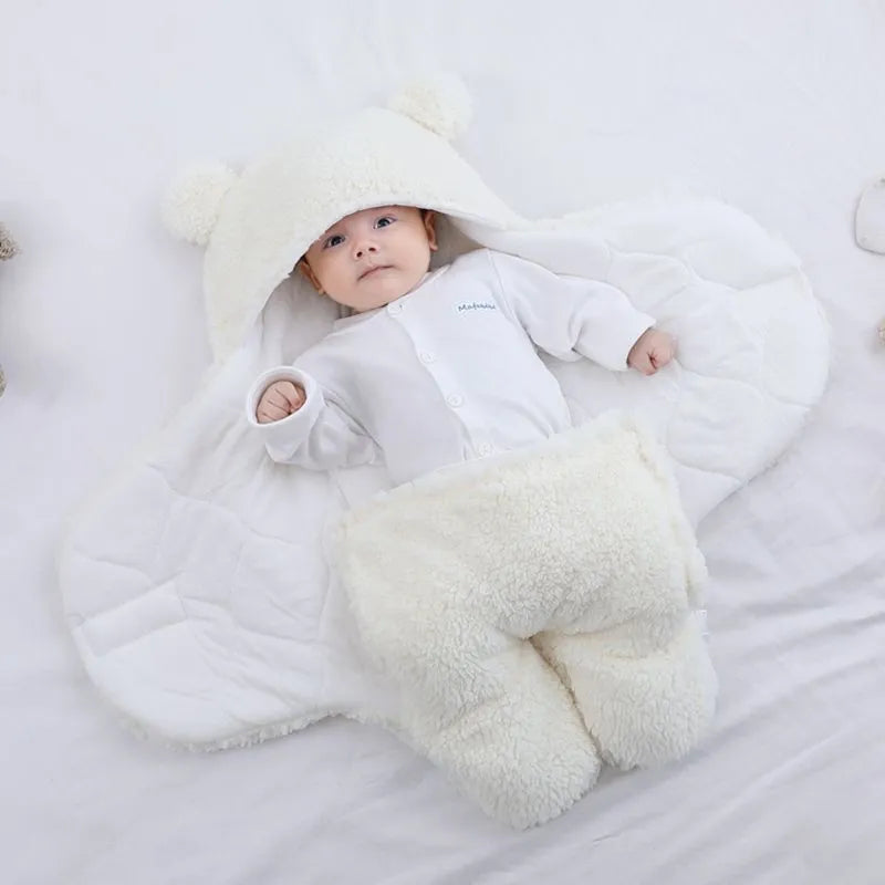 Beige newborn flannel sleeping bag, cozy and plush, a useful baby winter essential.