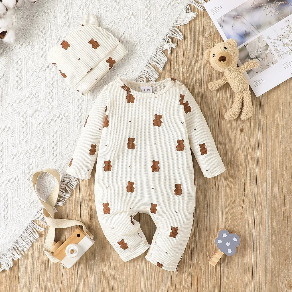 Neutral colored long sleeve bear print cotton romper, versatile unisex newborn clothing item